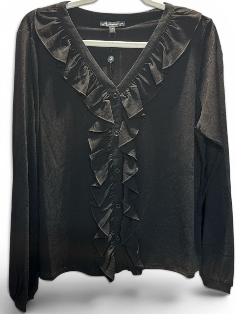 Adrianna Papell Womens Black Ruffle Collar & Front Button-Down Top Size M